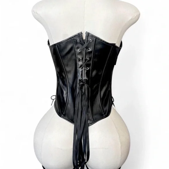 Black Custom Faux Leather Spiked Underbust Corset with Stainless Steel Chains - Picture 8 of 8